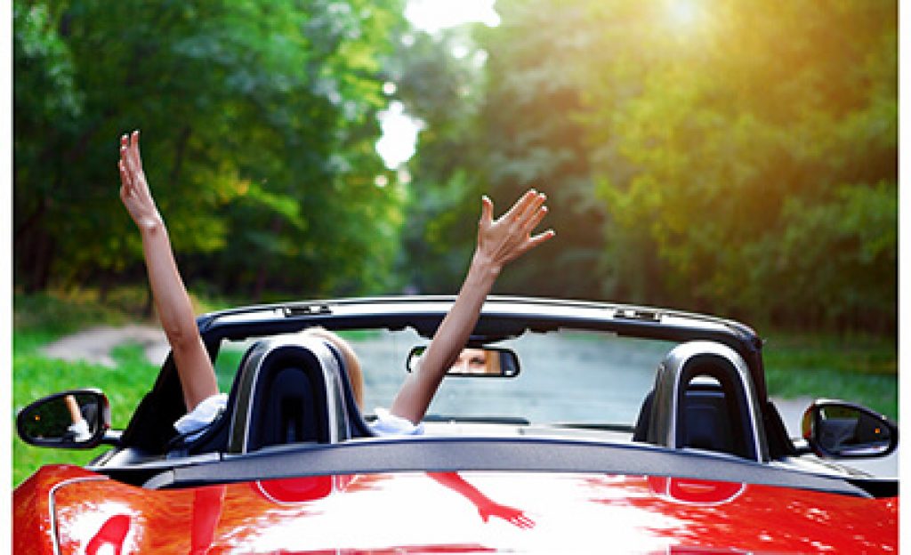 Beautiful Blond Young Woman Driving Away Convertable Sunset Zcarlease